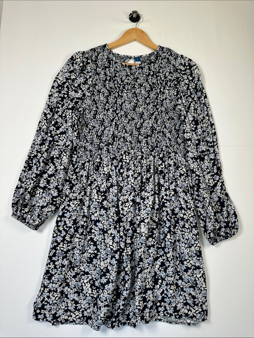 Old Navy Floral Smocked Mini Dress Blue White Long Sleeve Size L